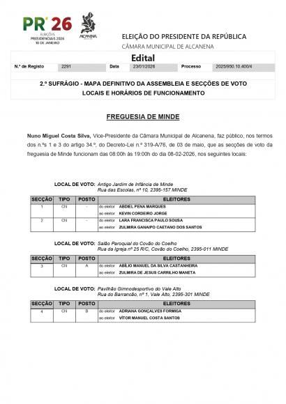 2.&ordm; Sufr&aacute;gio das Elei&ccedil;&otilde;es Presidenciais - Locais e hor&aacute;rio de funcionamento da/das sec&ccedil;&atilde;o/sec&ccedil;&otilde;es de voto